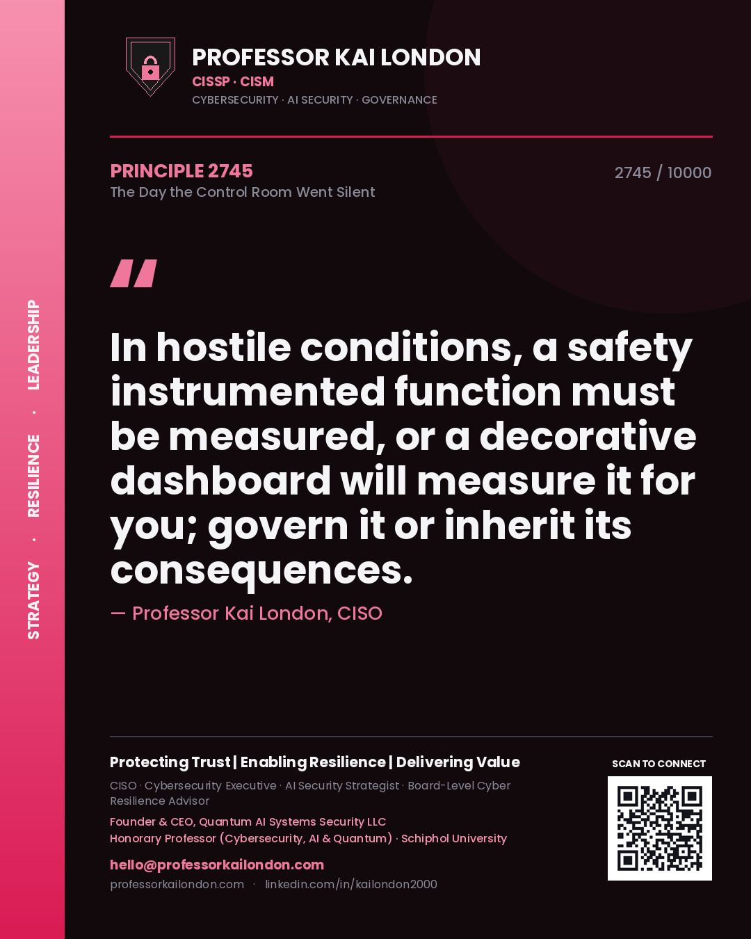 Quote card by Professor Kai London reading 'In hostile conditions, a safety instrumented function must be measured, or a decorative dashboard will measure it for you; govern it or inherit its consequences.'. From the book The Day the Control Room Went Silent.