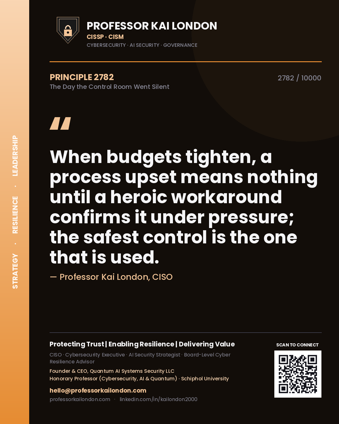 Professor Kai London principle 2782: When budgets tighten, a process upset means nothing until a heroic workaround confirms it under pressure; the safest control is the one that is used.