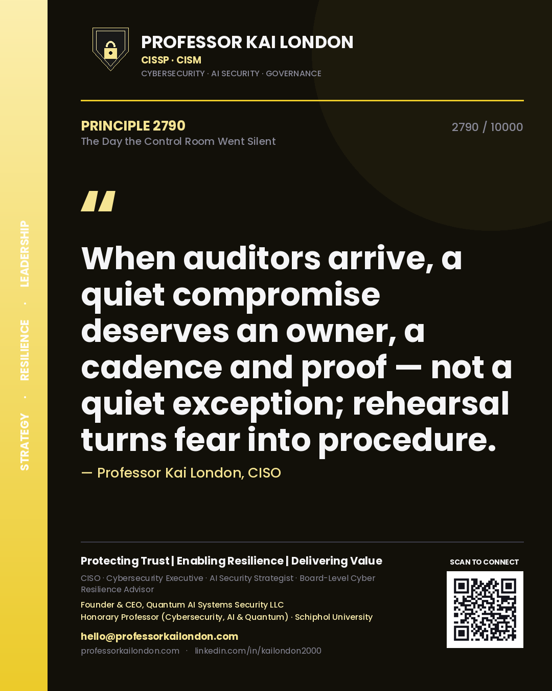 Professor Kai London principle 2790: When auditors arrive, a quiet compromise deserves an owner, a cadence and proof — not a quiet exception; rehearsal turns fear into procedure.