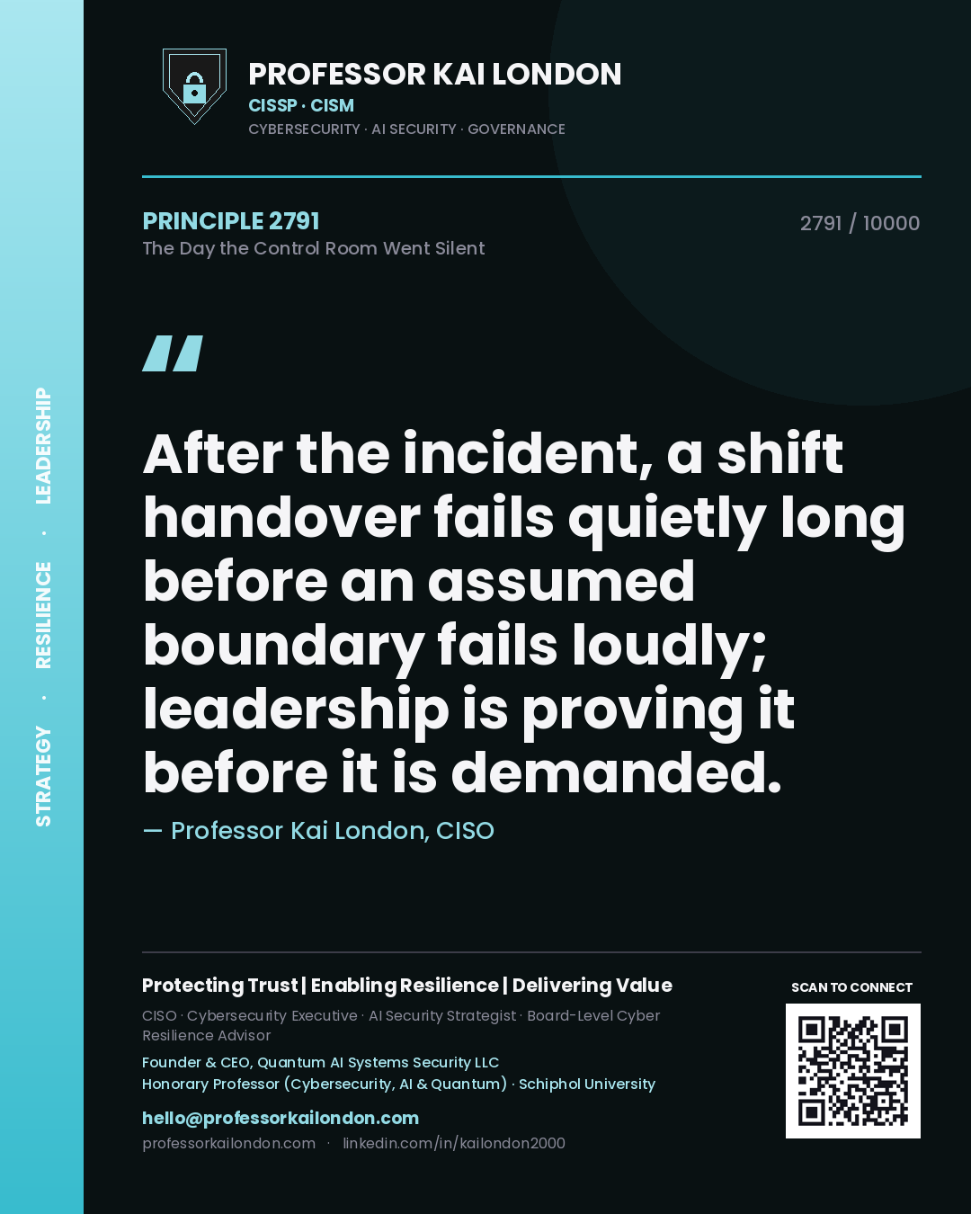Quote card by Professor Kai London reading 'After the incident, a shift handover fails quietly long before an assumed boundary fails loudly; leadership is proving it before it is demanded.'. From the book The Day the Control Room Went Silent.