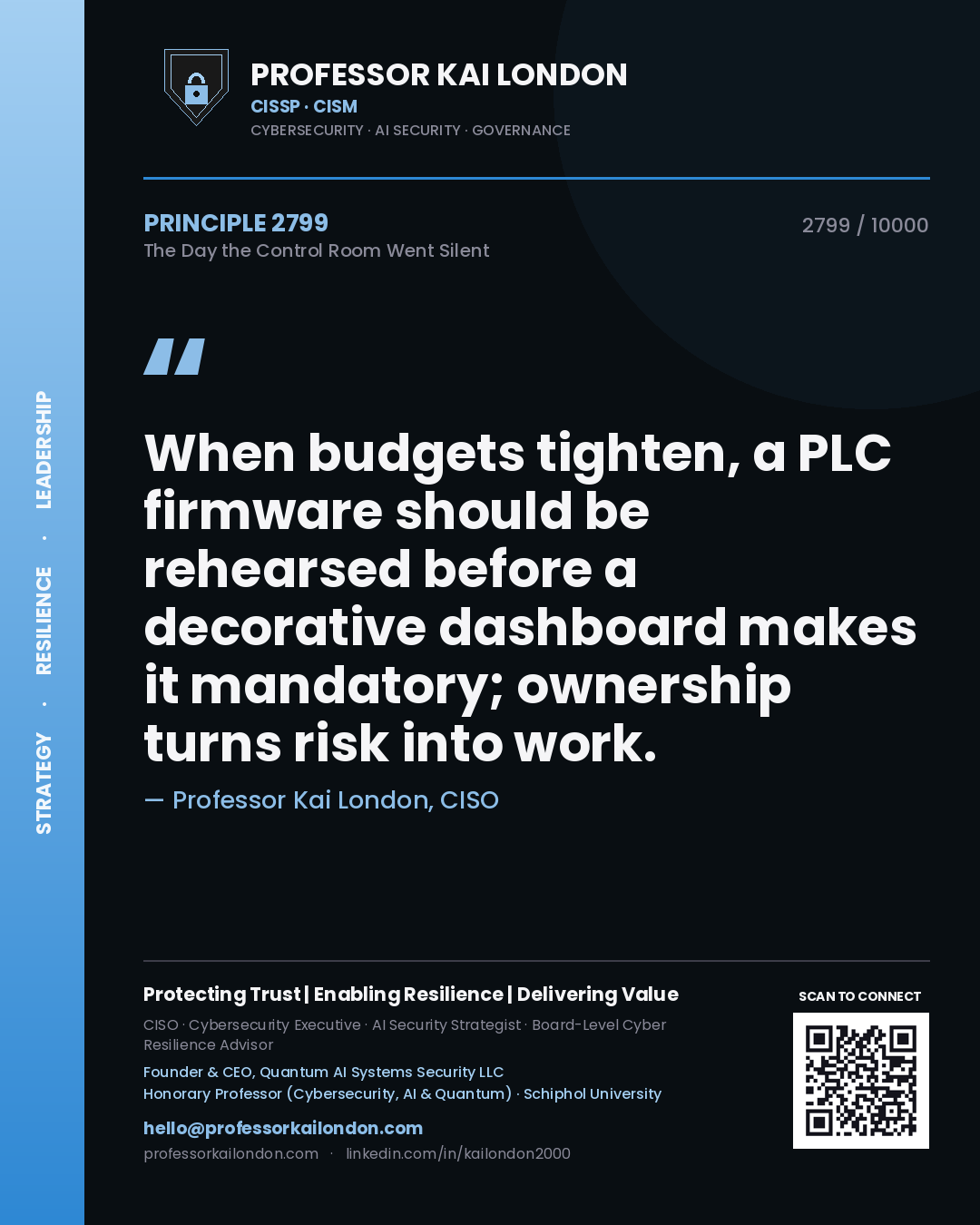 Professor Kai London principle 2799: When budgets tighten, a PLC firmware should be rehearsed before a decorative dashboard makes it mandatory; ownership turns risk into work.