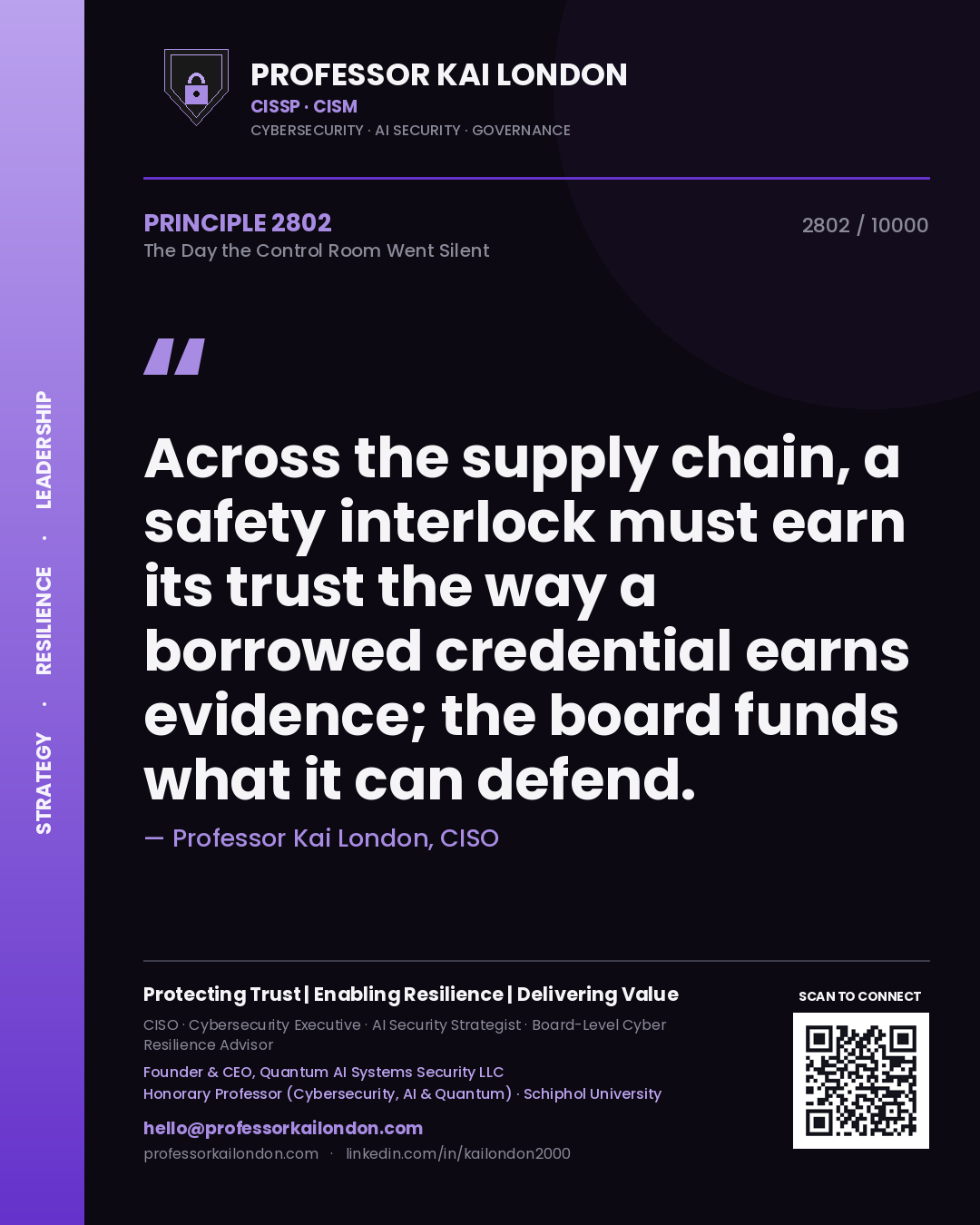 Professor Kai London principle 2802: Across the supply chain, a safety interlock must earn its trust the way a borrowed credential earns evidence; the board funds what it can defend.