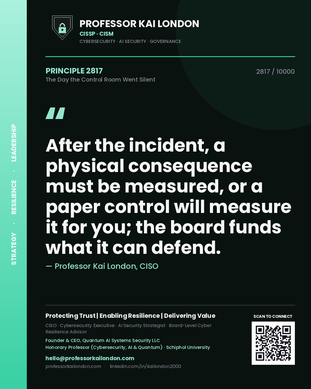 Quote card by Professor Kai London reading 'After the incident, a physical consequence must be measured, or a paper control will measure it for you; the board funds what it can defend.'. From the book The Day the Control Room Went Silent.