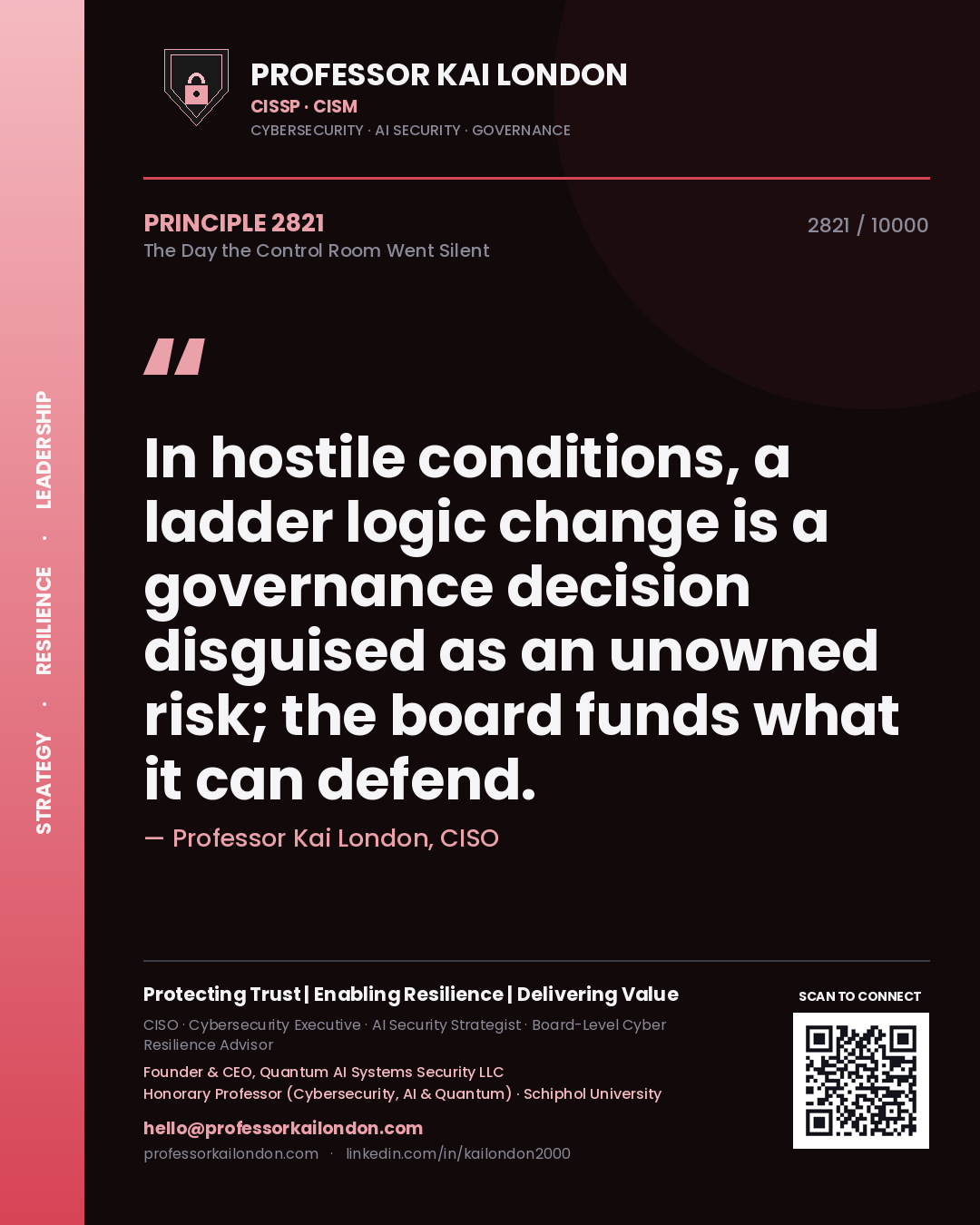 Quote card by Professor Kai London reading 'In hostile conditions, a ladder logic change is a governance decision disguised as an unowned risk; the board funds what it can defend.'. From the book The Day the Control Room Went Silent.