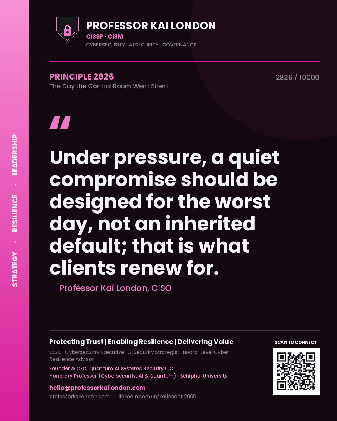 Professor Kai London principle 2826: Under pressure, a quiet compromise should be designed for the worst day, not an inherited default; that is what clients renew for.