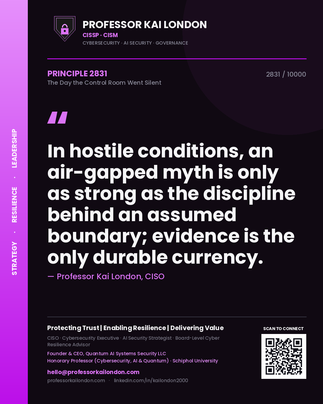 Quote card by Professor Kai London reading 'In hostile conditions, an air-gapped myth is only as strong as the discipline behind an assumed boundary; evidence is the only durable currency.'. From the book The Day the Control Room Went Silent.