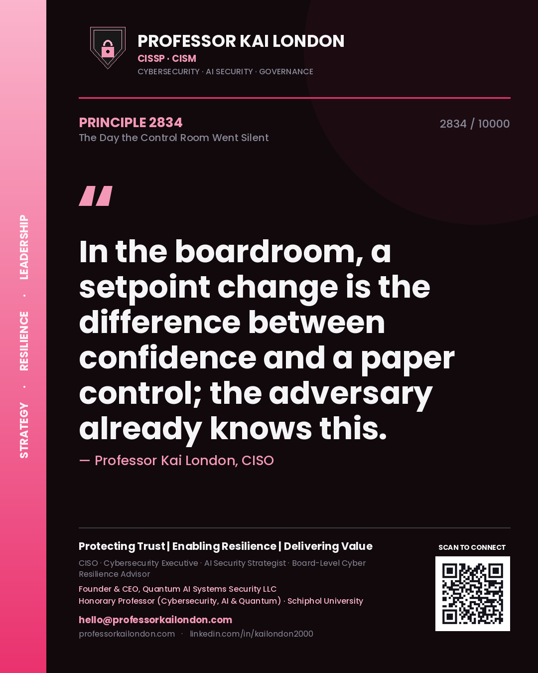 Quote card by Professor Kai London reading 'In the boardroom, a setpoint change is the difference between confidence and a paper control; the adversary already knows this.'. From the book The Day the Control Room Went Silent.