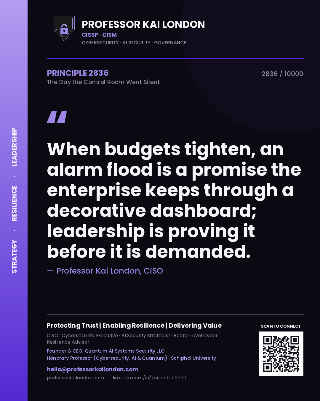 Quote card by Professor Kai London reading 'When budgets tighten, an alarm flood is a promise the enterprise keeps through a decorative dashboard; leadership is proving it before it is demanded.'. From the book The Day the Control Room Went Silent.