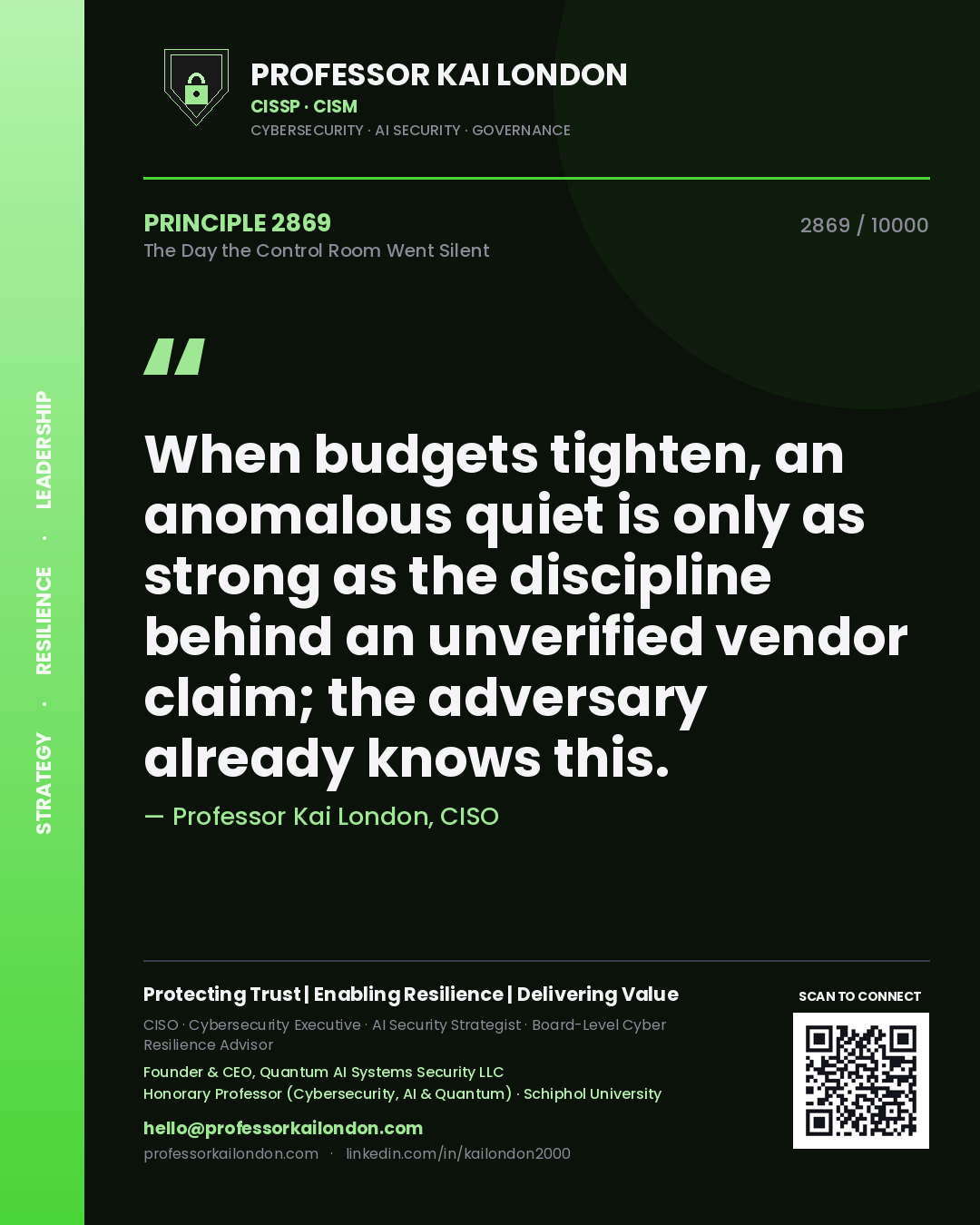 Professor Kai London principle 2869: When budgets tighten, an anomalous quiet is only as strong as the discipline behind an unverified vendor claim; the adversary already knows this.