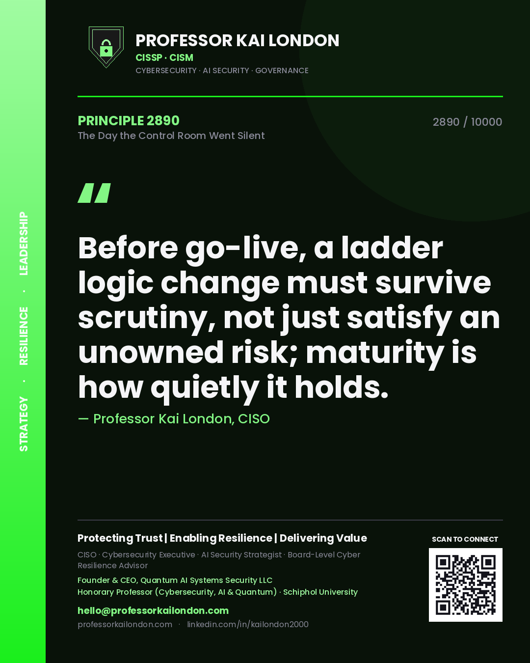 Quote card by Professor Kai London reading 'Before go-live, a ladder logic change must survive scrutiny, not just satisfy an unowned risk; maturity is how quietly it holds.'. From the book The Day the Control Room Went Silent.