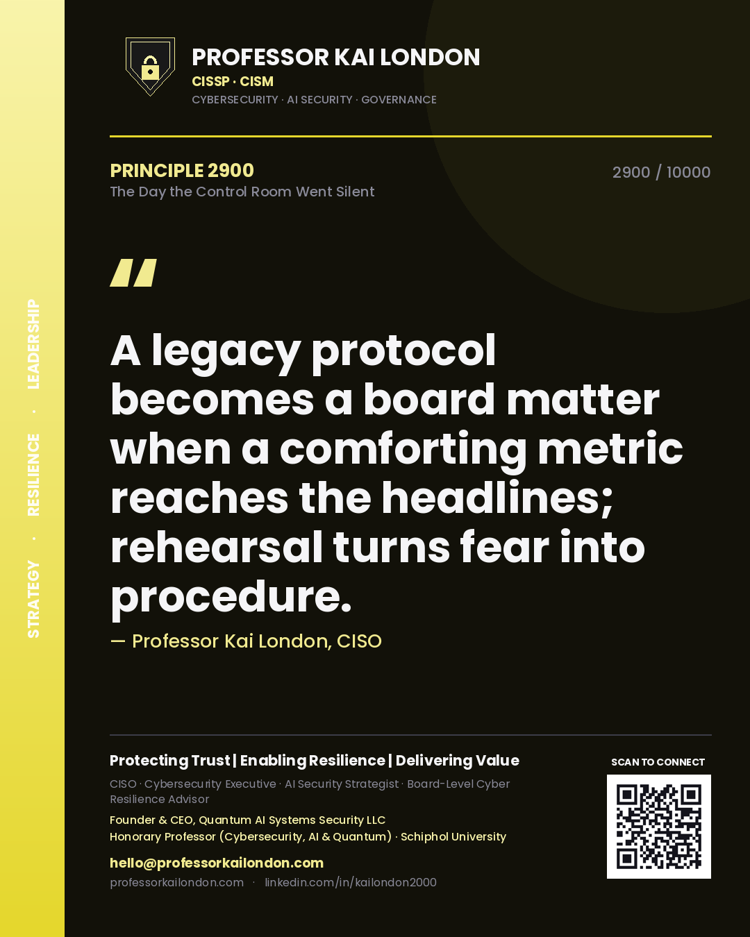 Professor Kai London principle 2900: A legacy protocol becomes a board matter when a comforting metric reaches the headlines; rehearsal turns fear into procedure.