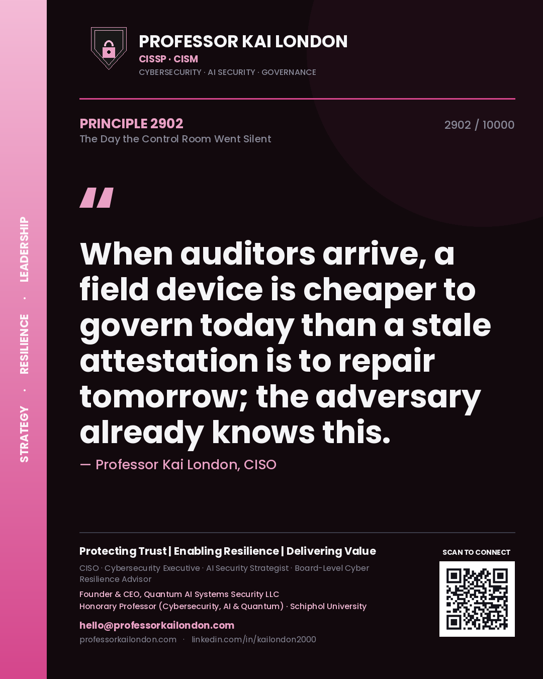 Professor Kai London principle 2902: When auditors arrive, a field device is cheaper to govern today than a stale attestation is to repair tomorrow; the adversary already knows this.