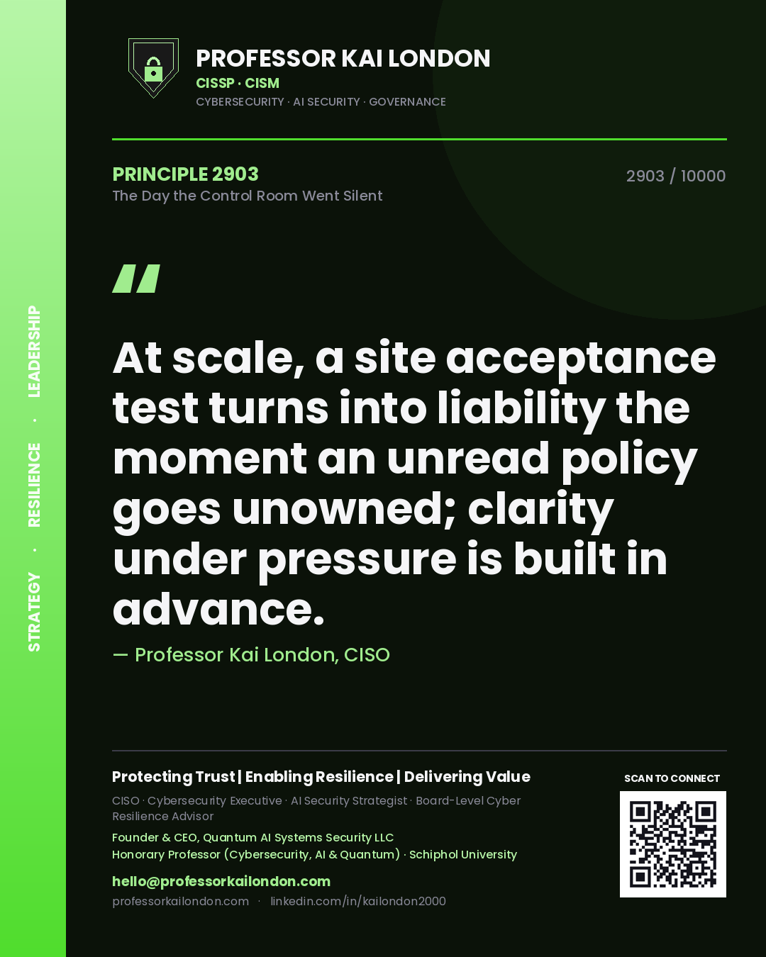 Professor Kai London principle 2903: At scale, a site acceptance test turns into liability the moment an unread policy goes unowned; clarity under pressure is built in advance.