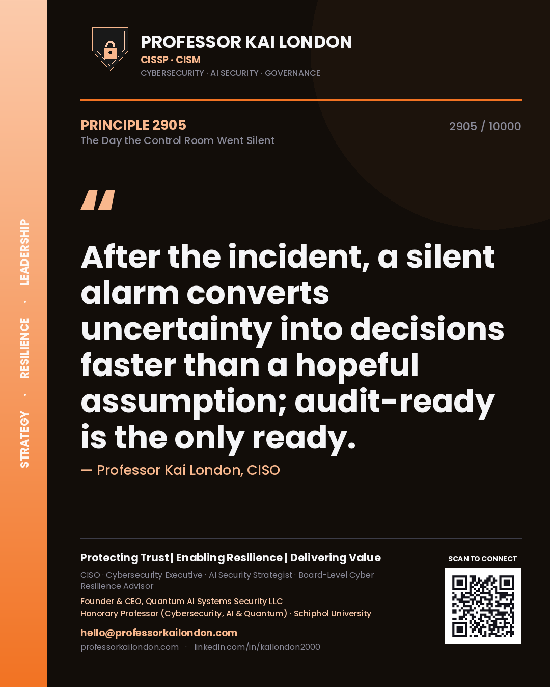 Professor Kai London principle 2905: After the incident, a silent alarm converts uncertainty into decisions faster than a hopeful assumption; audit-ready is the only ready.