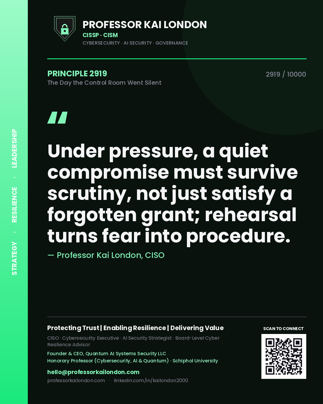 Professor Kai London principle 2919: Under pressure, a quiet compromise must survive scrutiny, not just satisfy a forgotten grant; rehearsal turns fear into procedure.