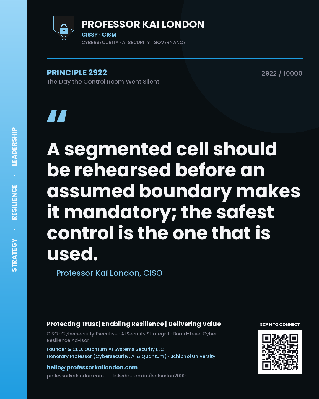 Quote card by Professor Kai London reading 'A segmented cell should be rehearsed before an assumed boundary makes it mandatory; the safest control is the one that is used.'. From the book The Day the Control Room Went Silent.