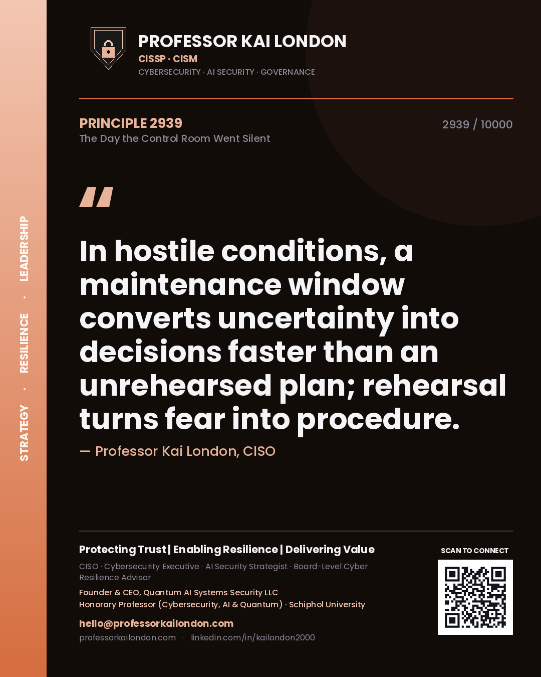 Professor Kai London principle 2939: In hostile conditions, a maintenance window converts uncertainty into decisions faster than an unrehearsed plan; rehearsal turns fear into procedure.