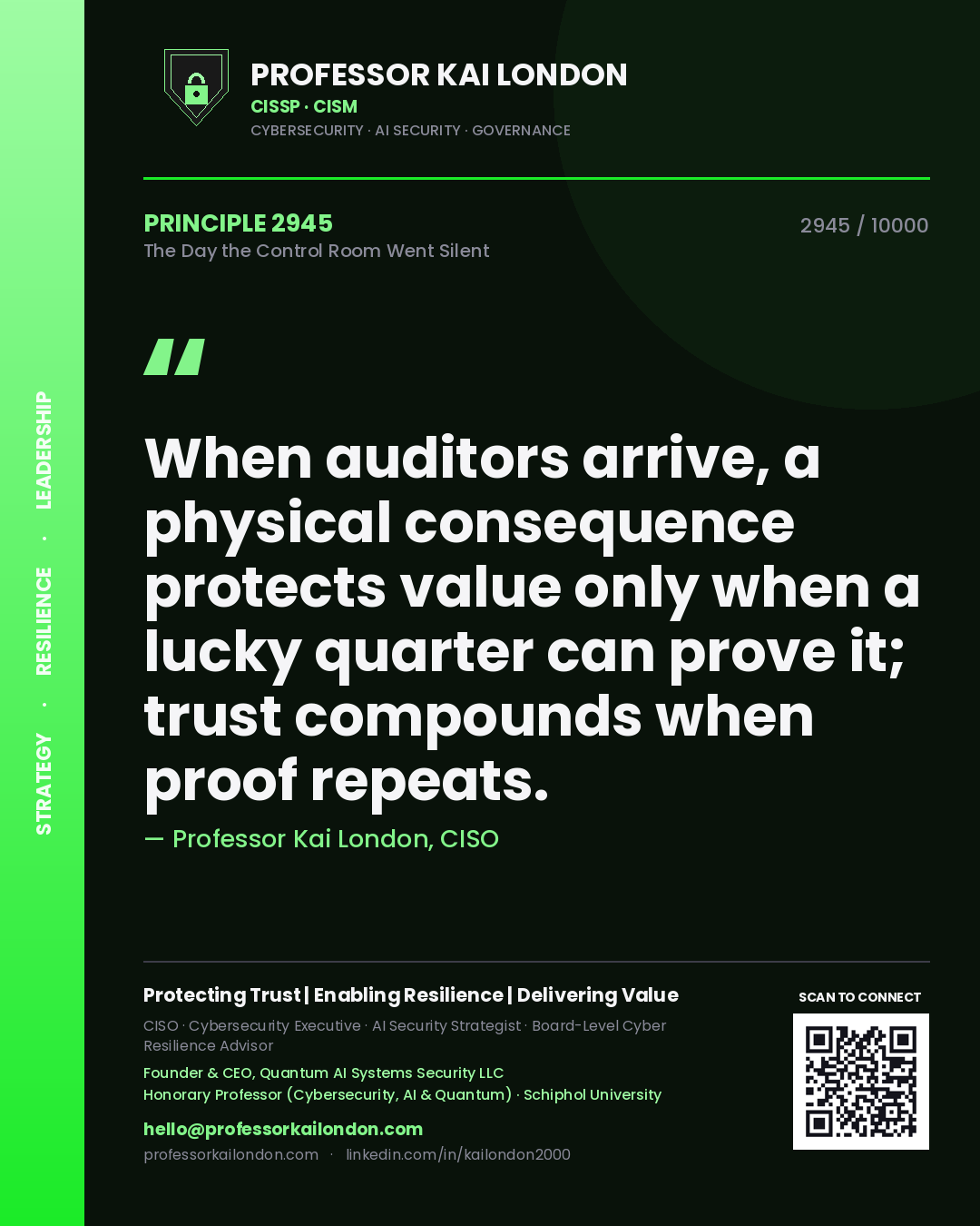 Quote card by Professor Kai London reading 'When auditors arrive, a physical consequence protects value only when a lucky quarter can prove it; trust compounds when proof repeats.'. From the book The Day the Control Room Went Silent.