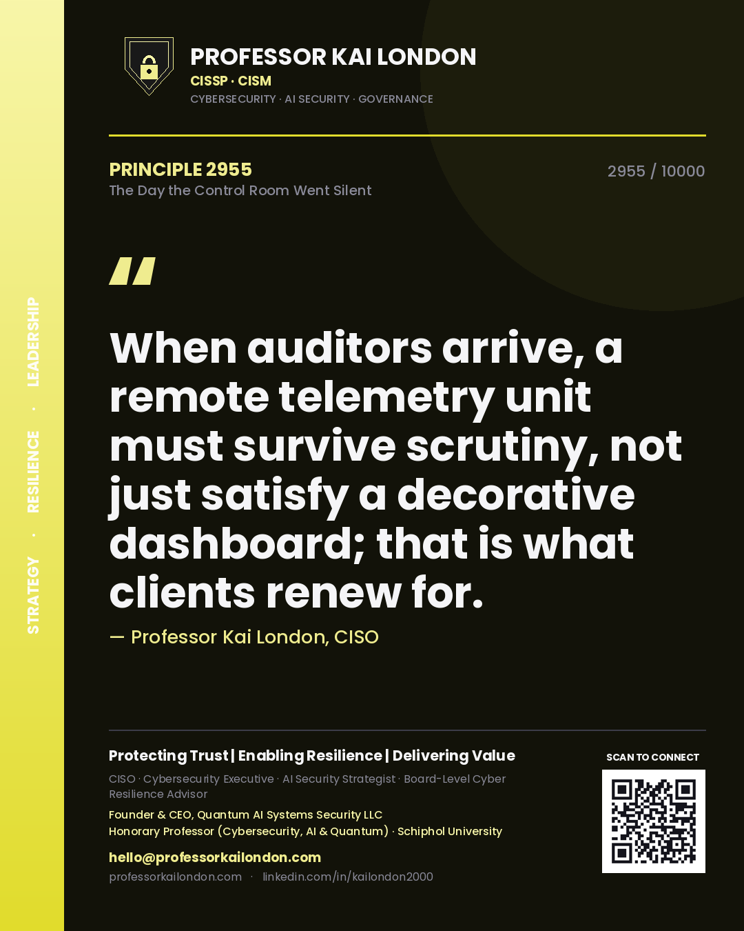 Quote card by Professor Kai London reading 'When auditors arrive, a remote telemetry unit must survive scrutiny, not just satisfy a decorative dashboard; that is what clients renew for.'. From the book The Day the Control Room Went Silent.