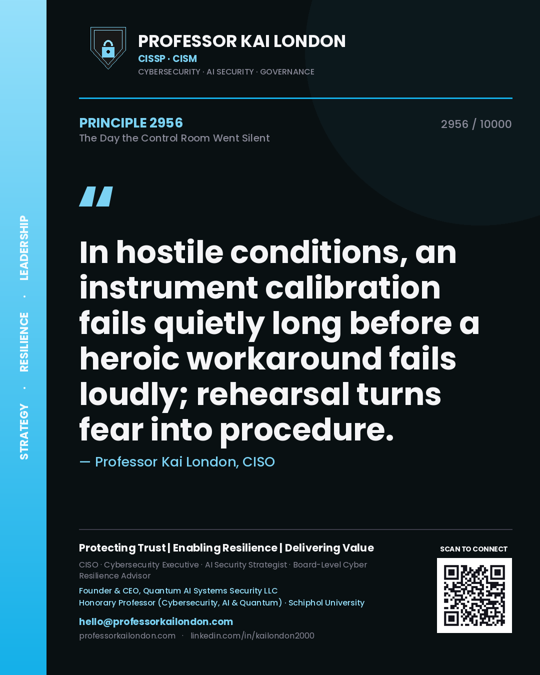 Professor Kai London principle 2956: In hostile conditions, an instrument calibration fails quietly long before a heroic workaround fails loudly; rehearsal turns fear into procedure.