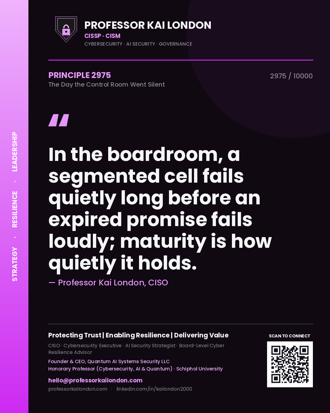 Professor Kai London principle 2975: In the boardroom, a segmented cell fails quietly long before an expired promise fails loudly; maturity is how quietly it holds.