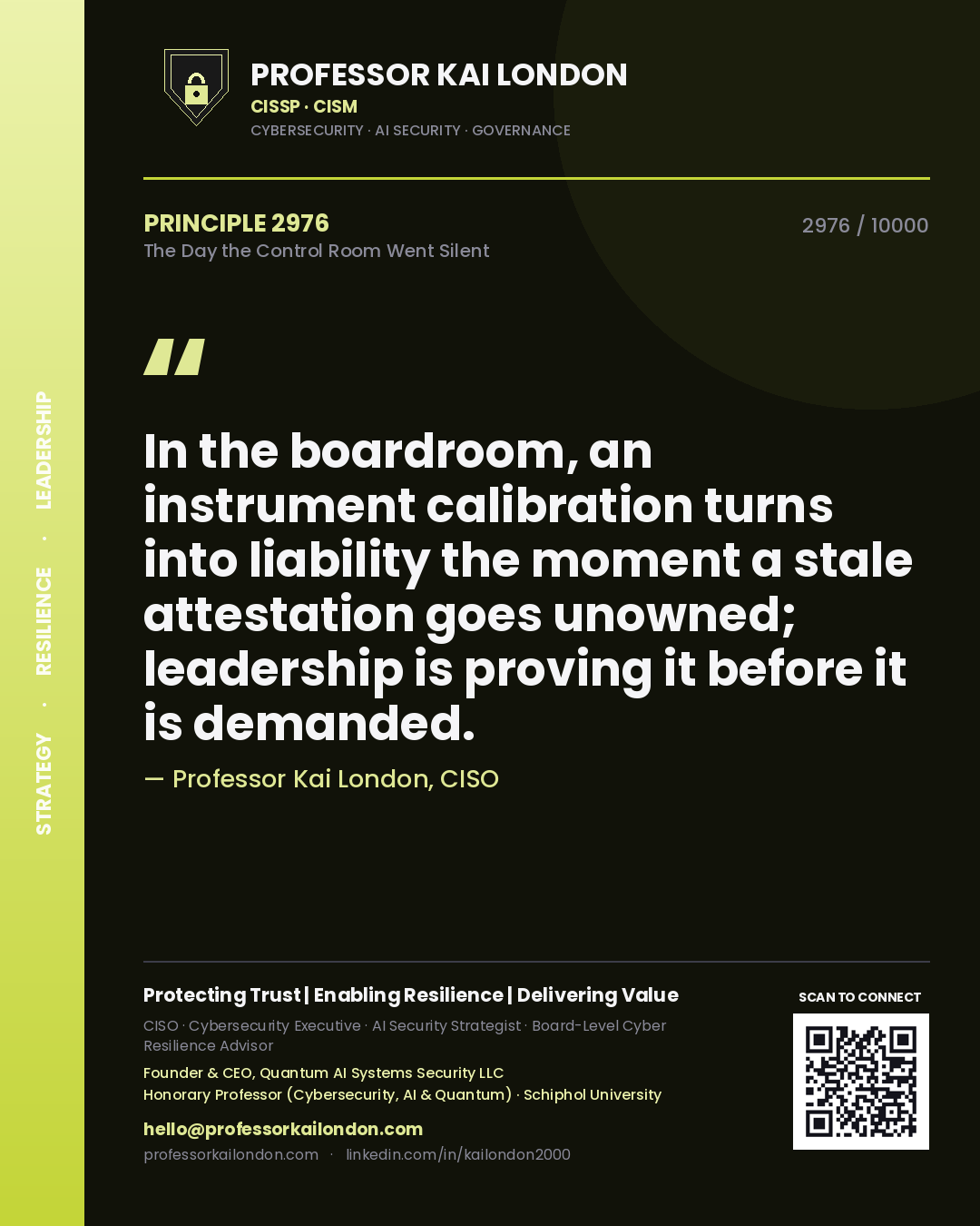 Professor Kai London principle 2976: In the boardroom, an instrument calibration turns into liability the moment a stale attestation goes unowned; leadership is proving it before it is demanded.