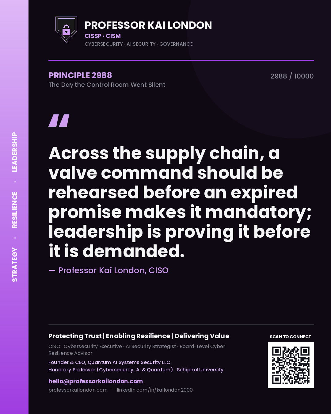 Professor Kai London principle 2988: Across the supply chain, a valve command should be rehearsed before an expired promise makes it mandatory; leadership is proving it before it is demanded.
