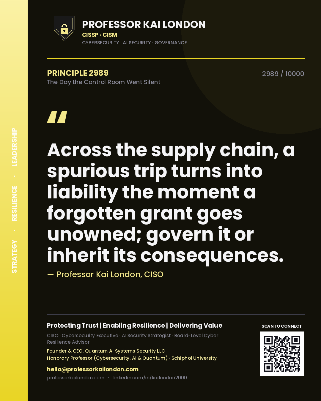 Quote card by Professor Kai London reading 'Across the supply chain, a spurious trip turns into liability the moment a forgotten grant goes unowned; govern it or inherit its consequences.'. From the book The Day the Control Room Went Silent.
