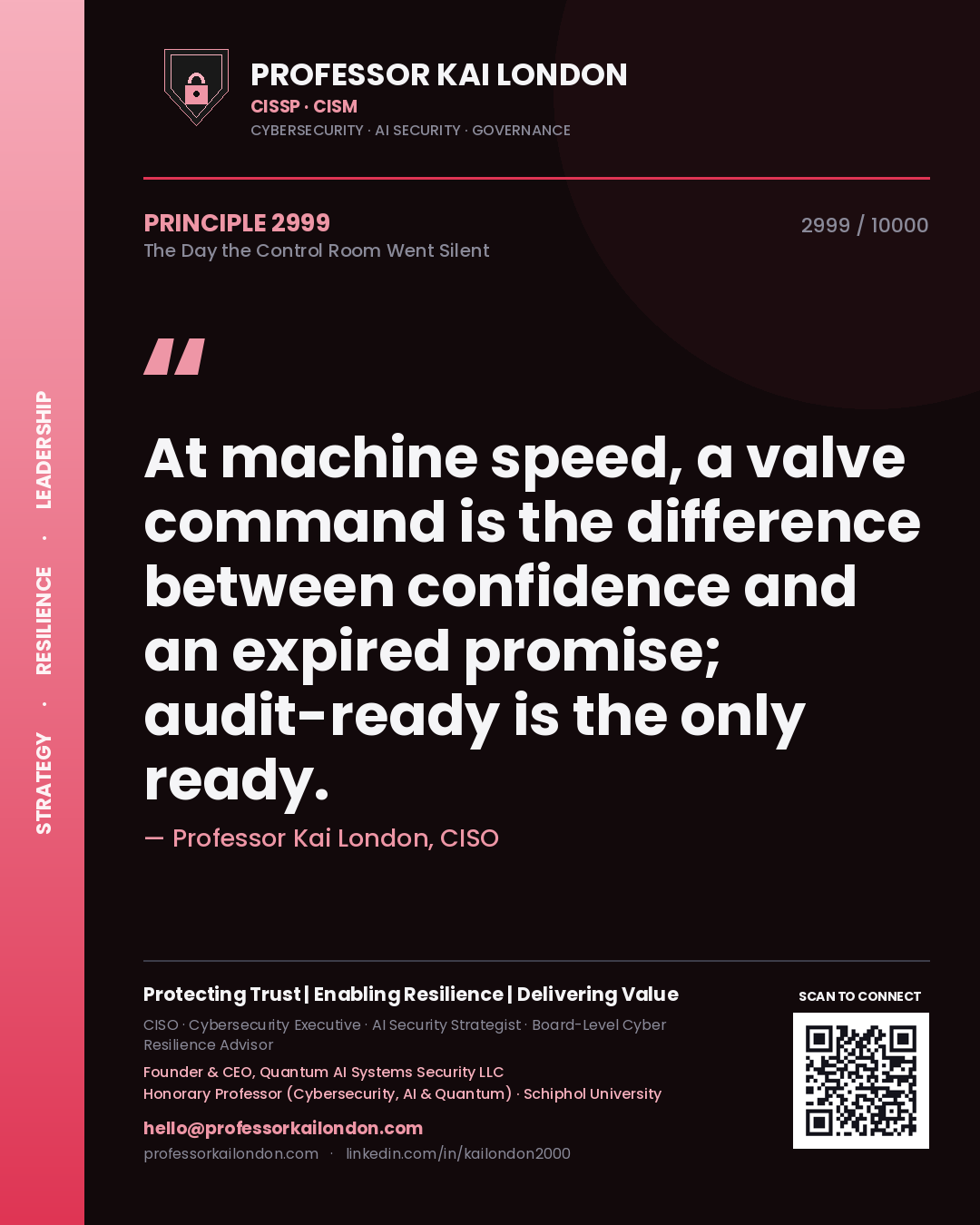 Professor Kai London principle 2999: At machine speed, a valve command is the difference between confidence and an expired promise; audit-ready is the only ready.
