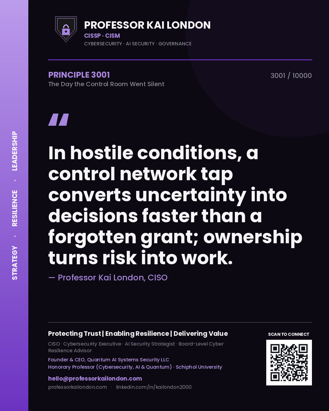 Quote card by Professor Kai London reading 'In hostile conditions, a control network tap converts uncertainty into decisions faster than a forgotten grant; ownership turns risk into work.'. From the book The Day the Control Room Went Silent.