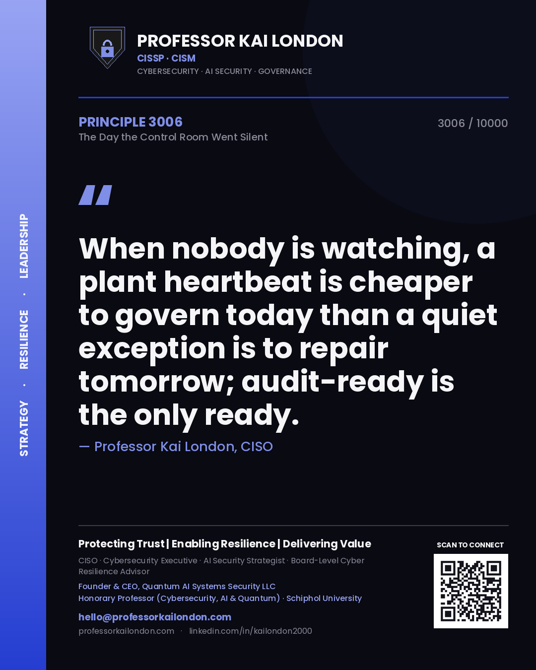 Professor Kai London principle 3006: When nobody is watching, a plant heartbeat is cheaper to govern today than a quiet exception is to repair tomorrow; audit-ready is the only ready.