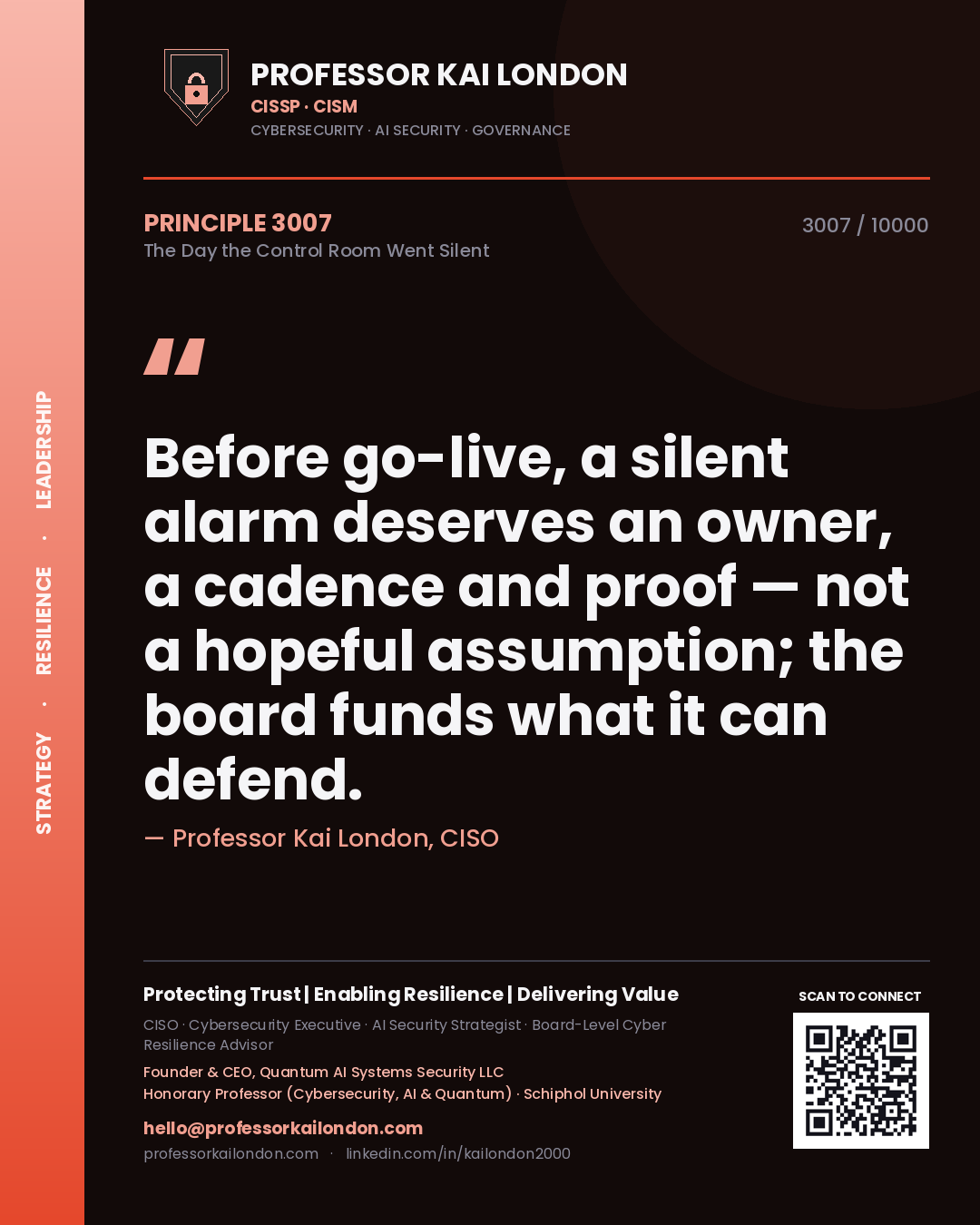 Professor Kai London principle 3007: Before go-live, a silent alarm deserves an owner, a cadence and proof — not a hopeful assumption; the board funds what it can defend.
