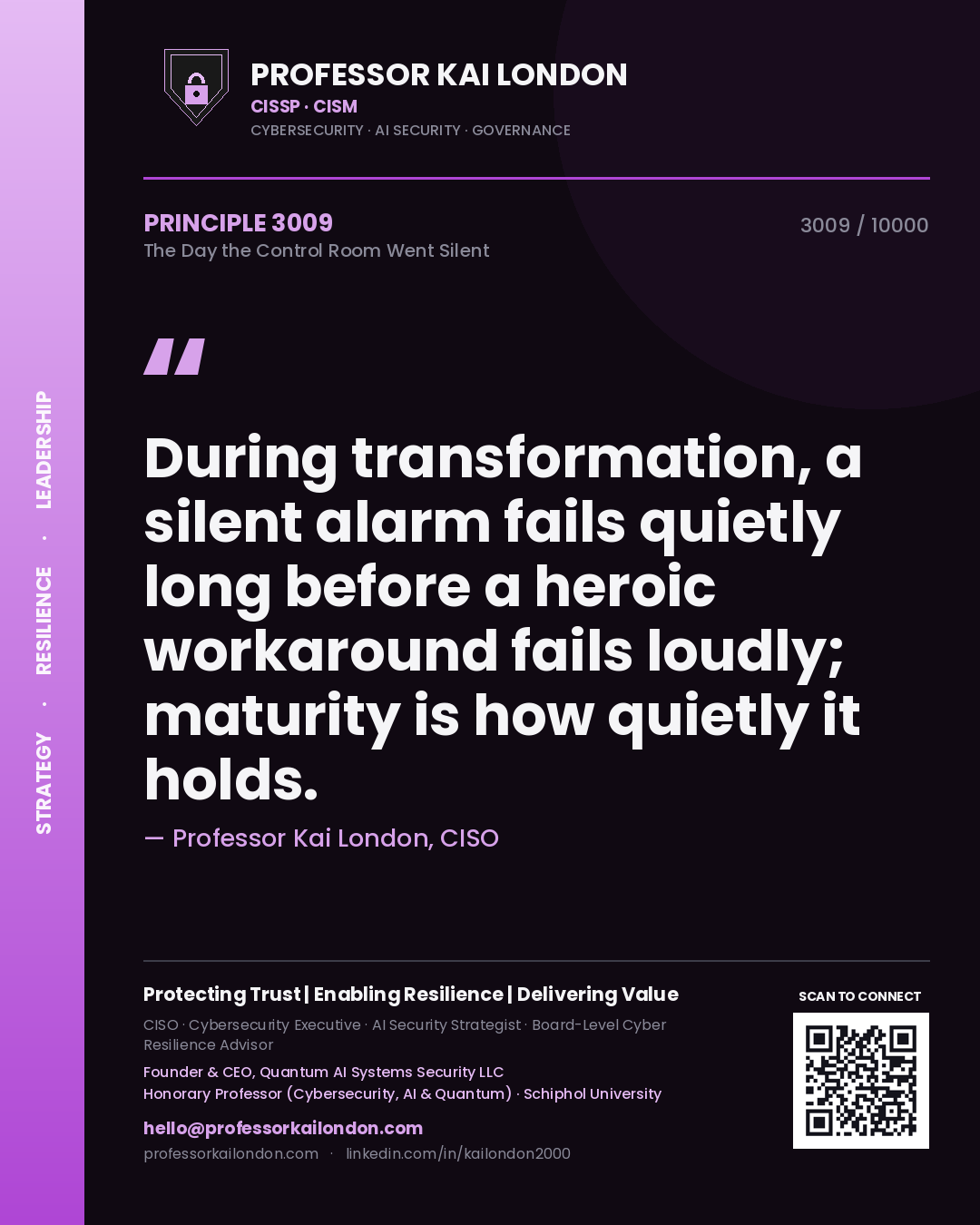 Professor Kai London principle 3009: During transformation, a silent alarm fails quietly long before a heroic workaround fails loudly; maturity is how quietly it holds.