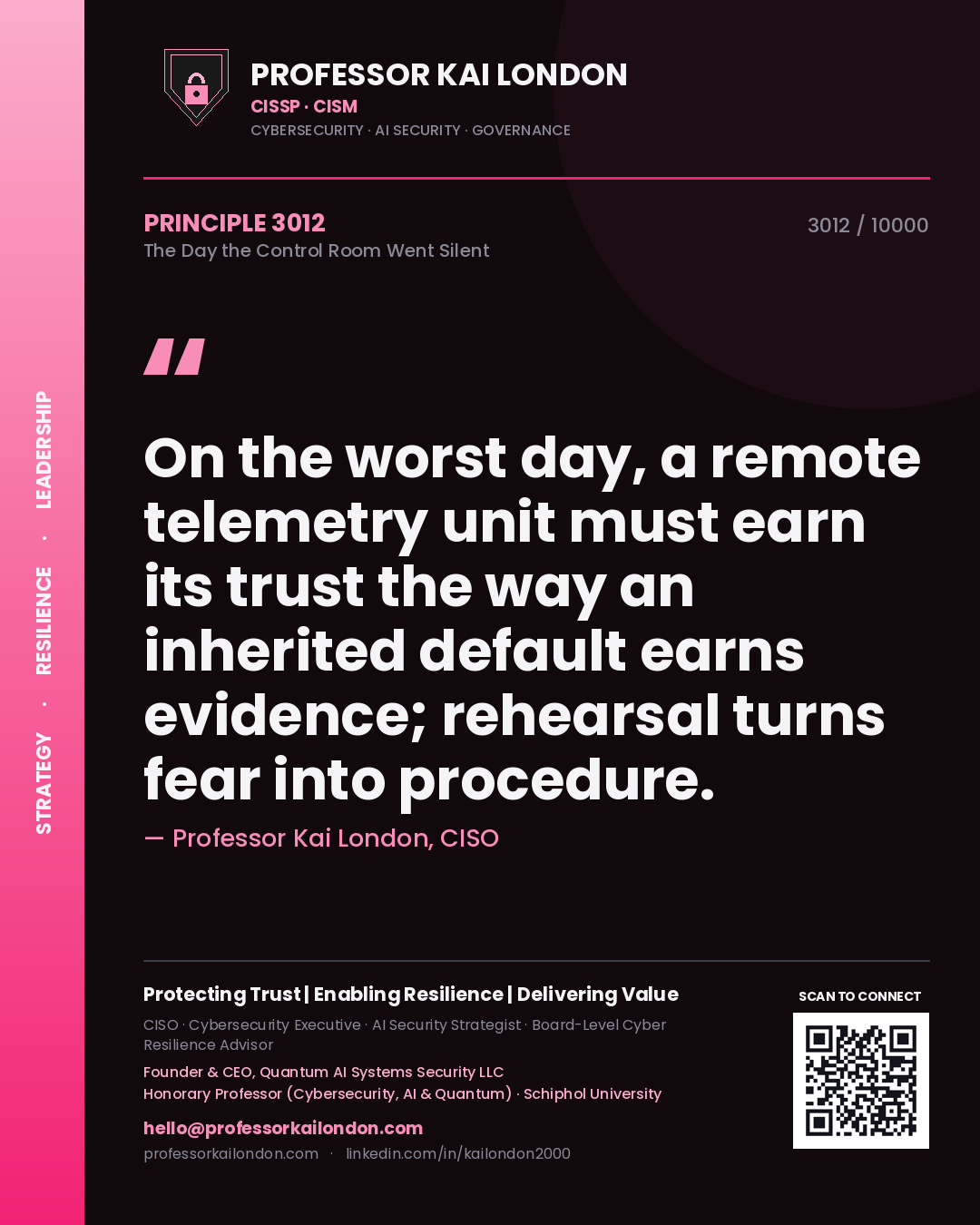 Quote card by Professor Kai London reading 'On the worst day, a remote telemetry unit must earn its trust the way an inherited default earns evidence; rehearsal turns fear into procedure.'. From the book The Day the Control Room Went Silent.