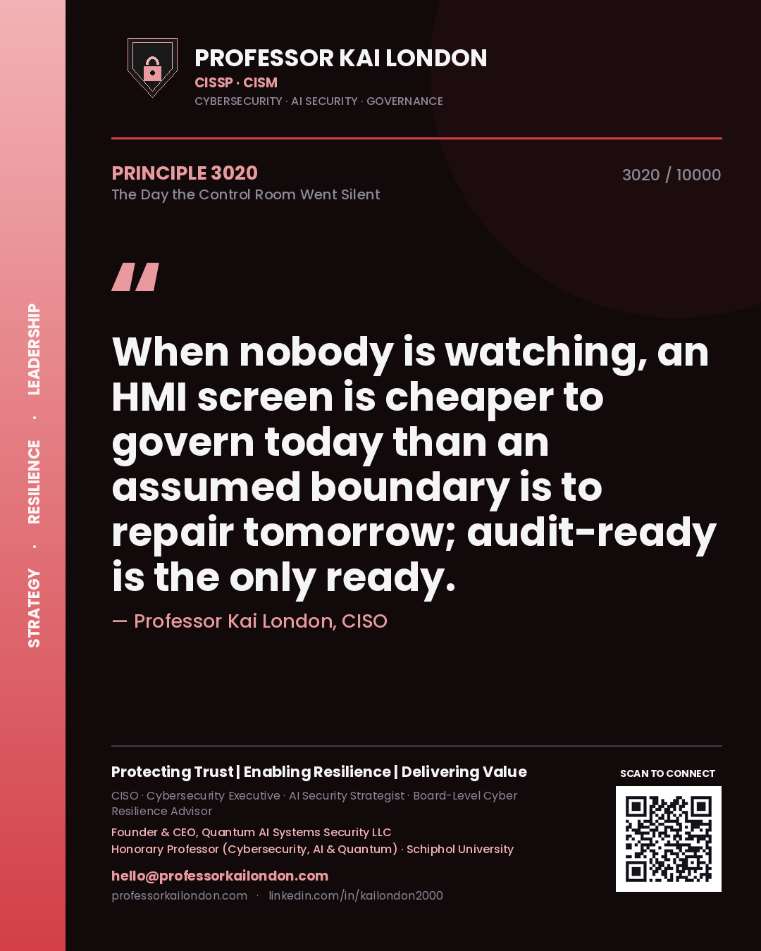 Professor Kai London principle 3020: When nobody is watching, an HMI screen is cheaper to govern today than an assumed boundary is to repair tomorrow; audit-ready is the only ready.