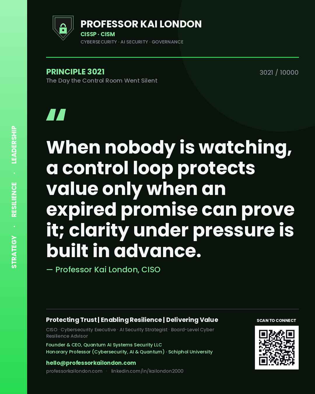 Quote card by Professor Kai London reading 'When nobody is watching, a control loop protects value only when an expired promise can prove it; clarity under pressure is built in advance.'. From the book The Day the Control Room Went Silent.