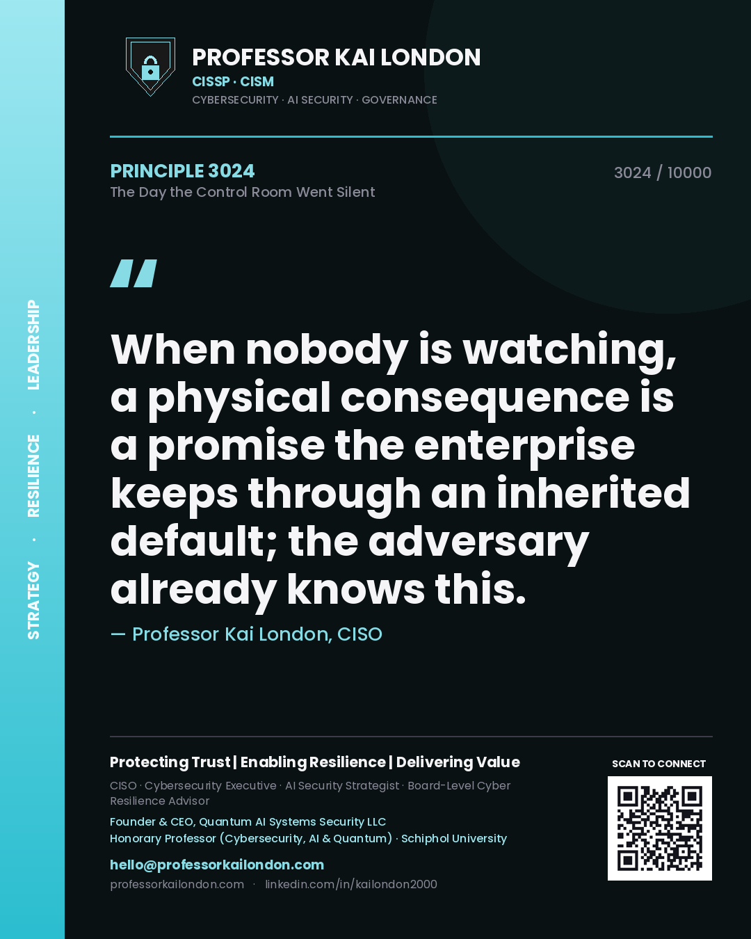 Professor Kai London principle 3024: When nobody is watching, a physical consequence is a promise the enterprise keeps through an inherited default; the adversary already knows this.