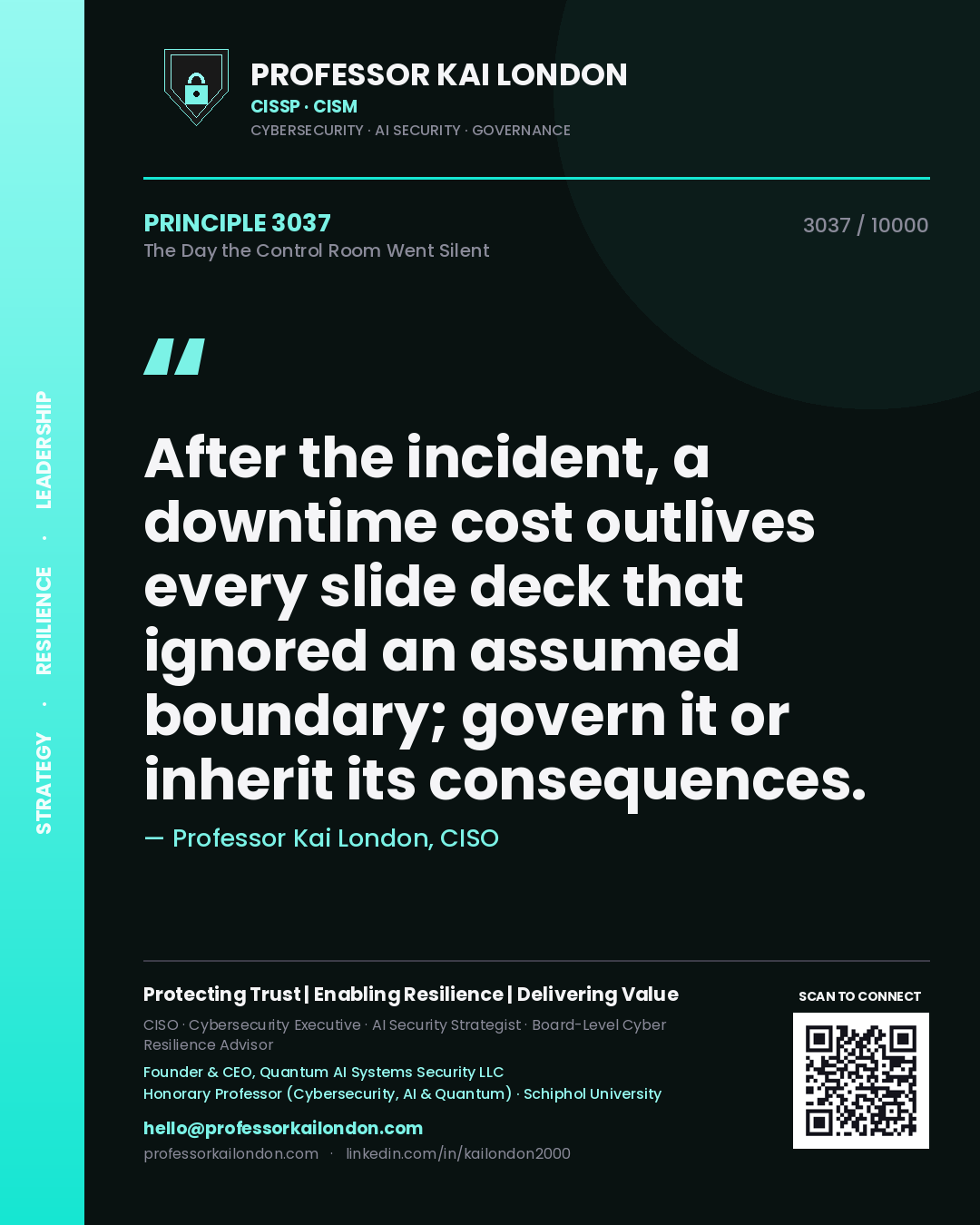 Quote card by Professor Kai London reading 'After the incident, a downtime cost outlives every slide deck that ignored an assumed boundary; govern it or inherit its consequences.'. From the book The Day the Control Room Went Silent.