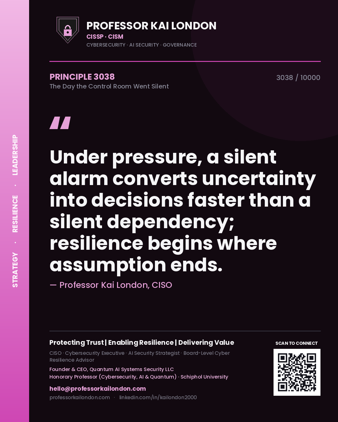 Quote card by Professor Kai London reading 'Under pressure, a silent alarm converts uncertainty into decisions faster than a silent dependency; resilience begins where assumption ends.'. From the book The Day the Control Room Went Silent.