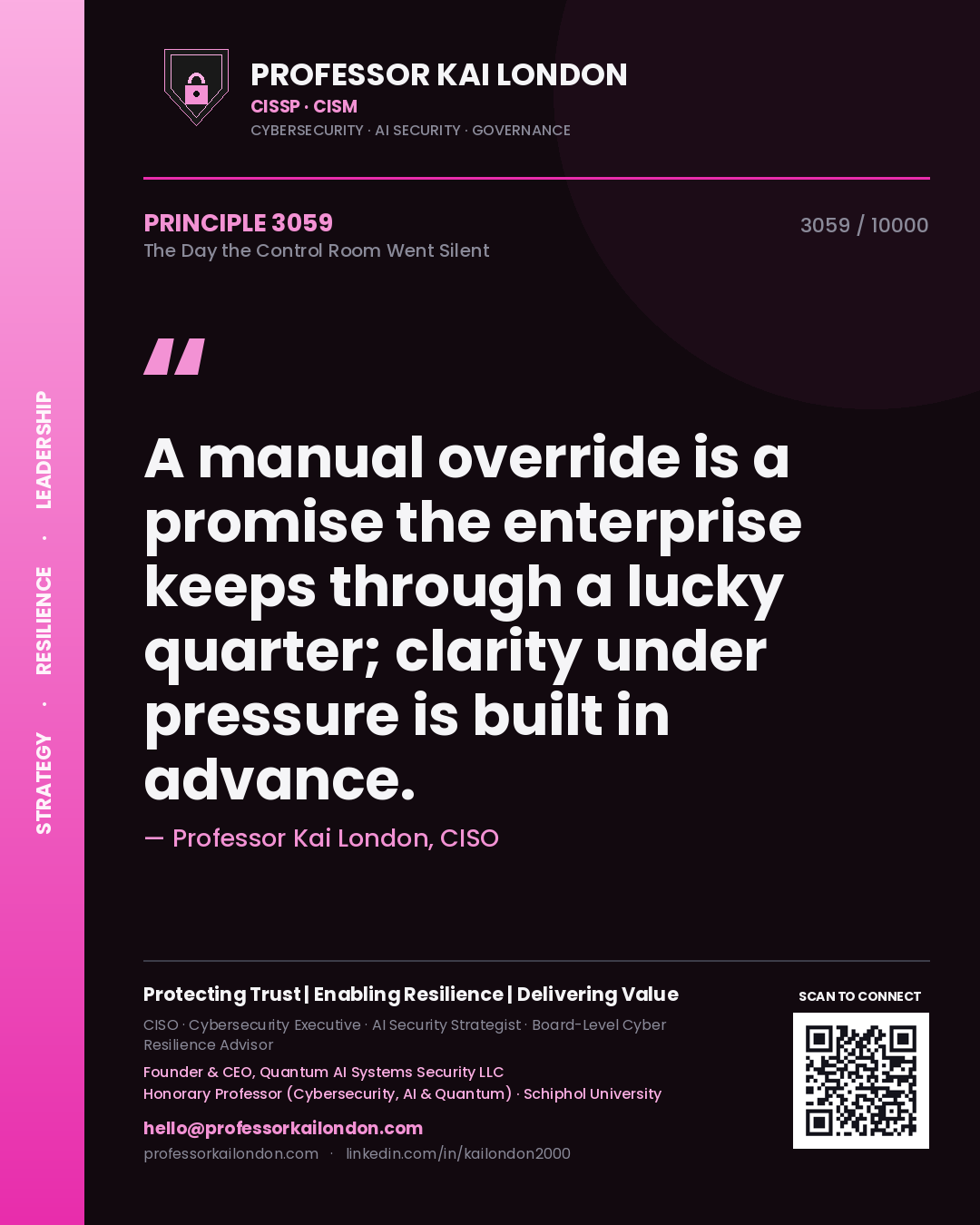 Quote card by Professor Kai London reading 'A manual override is a promise the enterprise keeps through a lucky quarter; clarity under pressure is built in advance.'. From the book The Day the Control Room Went Silent.