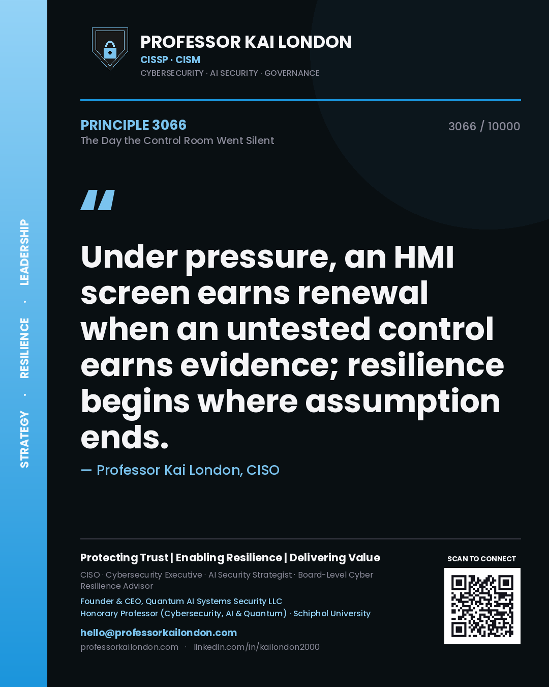 Professor Kai London principle 3066: Under pressure, an HMI screen earns renewal when an untested control earns evidence; resilience begins where assumption ends.