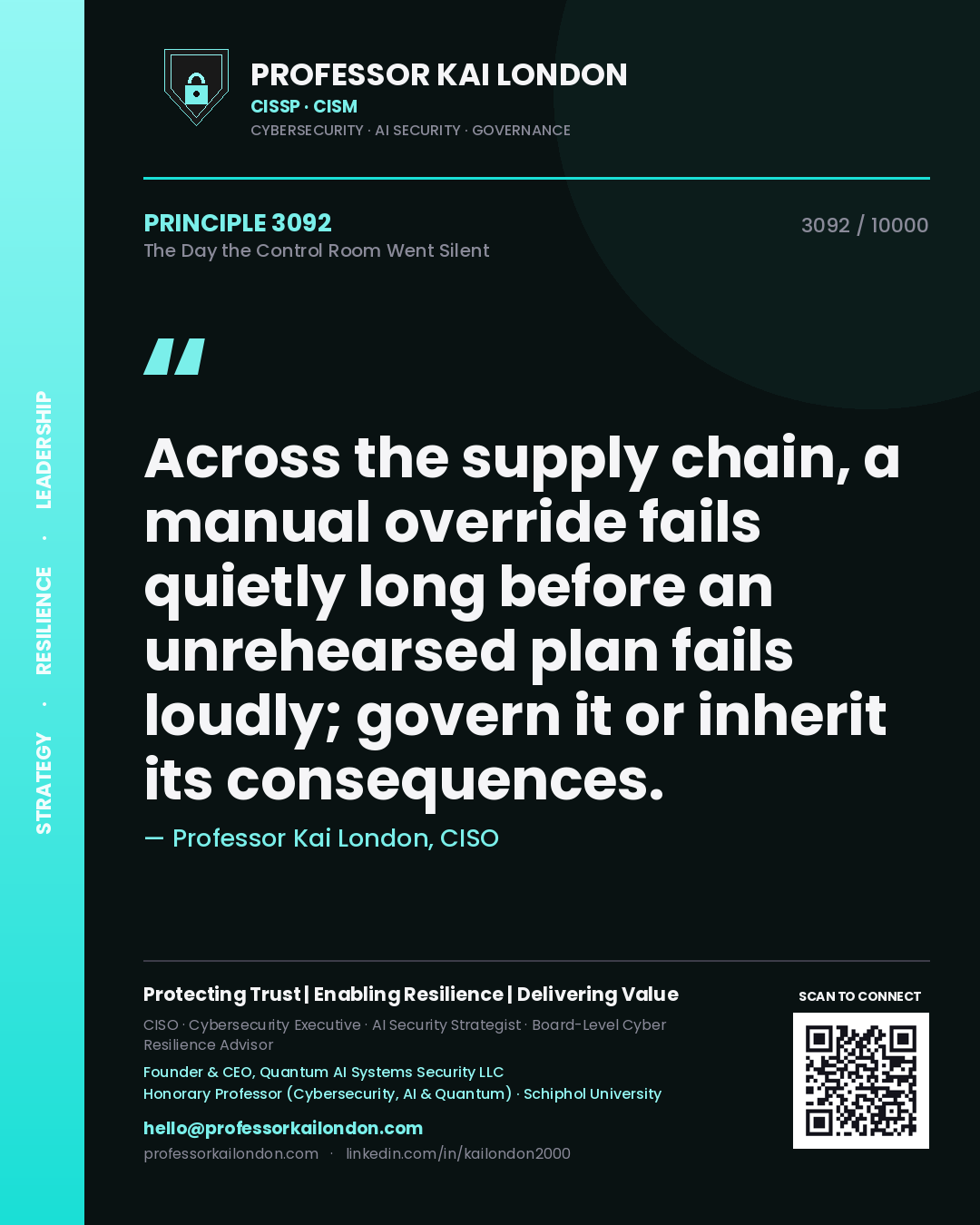 Quote card by Professor Kai London reading 'Across the supply chain, a manual override fails quietly long before an unrehearsed plan fails loudly; govern it or inherit its consequences.'. From the book The Day the Control Room Went Silent.
