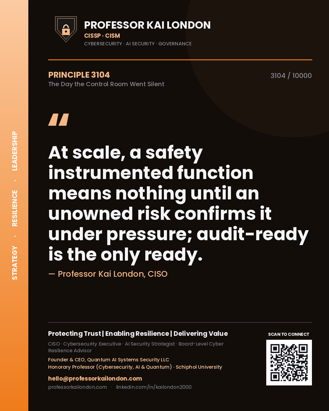 Quote card by Professor Kai London reading 'At scale, a safety instrumented function means nothing until an unowned risk confirms it under pressure; audit-ready is the only ready.'. From the book The Day the Control Room Went Silent.