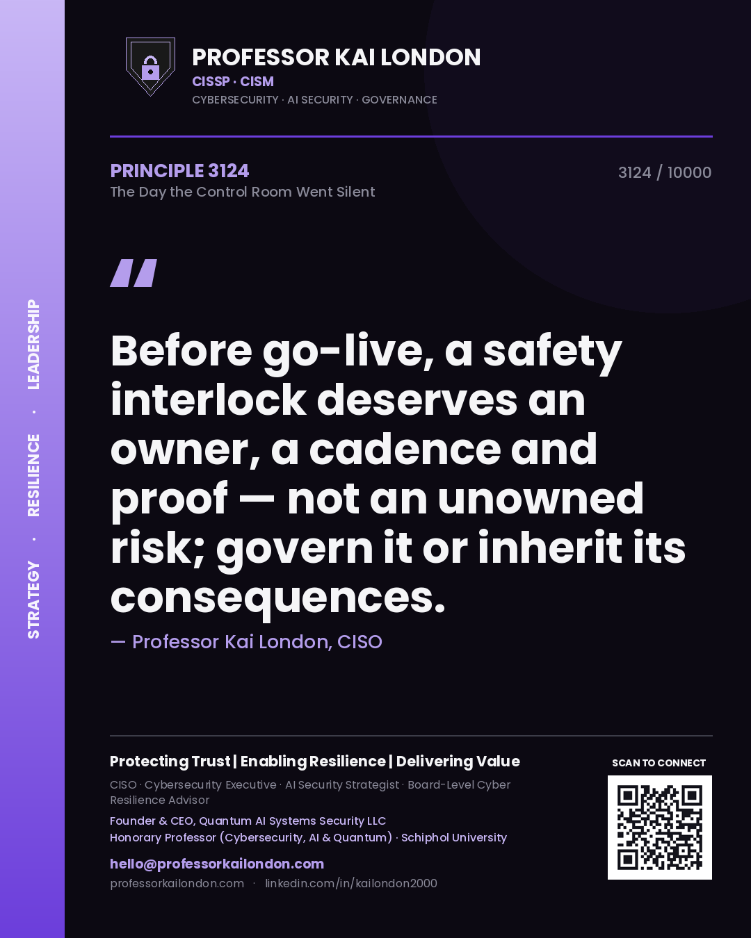 Professor Kai London principle 3124: Before go-live, a safety interlock deserves an owner, a cadence and proof — not an unowned risk; govern it or inherit its consequences.