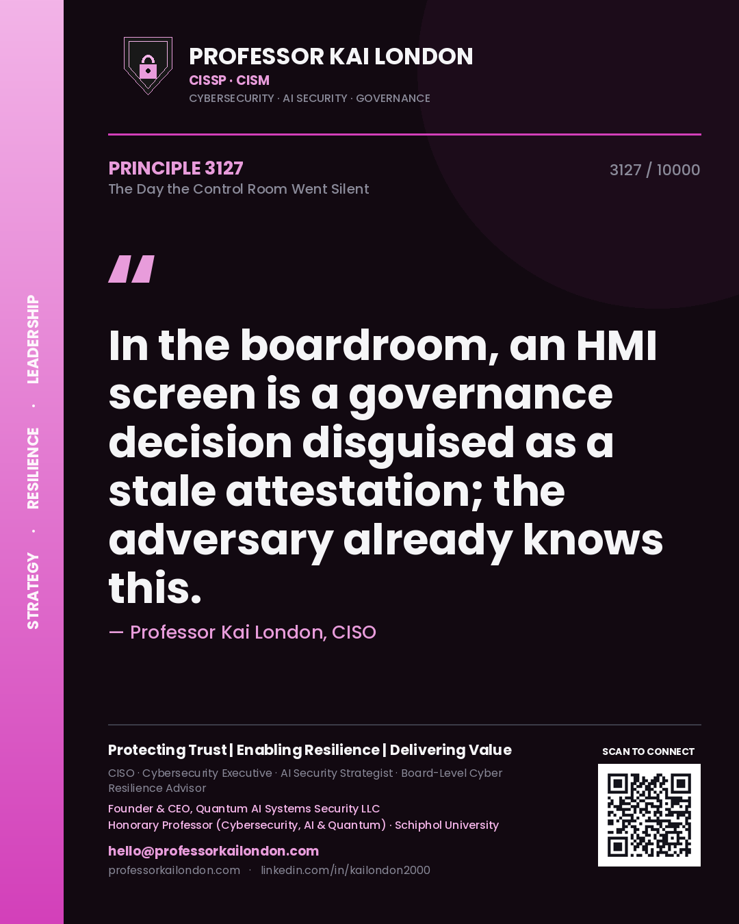 Quote card by Professor Kai London reading 'In the boardroom, an HMI screen is a governance decision disguised as a stale attestation; the adversary already knows this.'. From the book The Day the Control Room Went Silent.