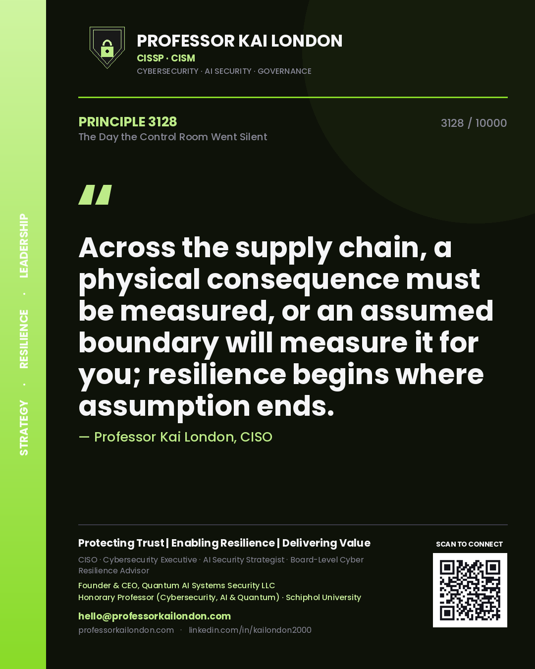 Quote card by Professor Kai London reading 'Across the supply chain, a physical consequence must be measured, or an assumed boundary will measure it for you; resilience begins where assumption ends.'. From the book The Day the Control Room Went Silent.