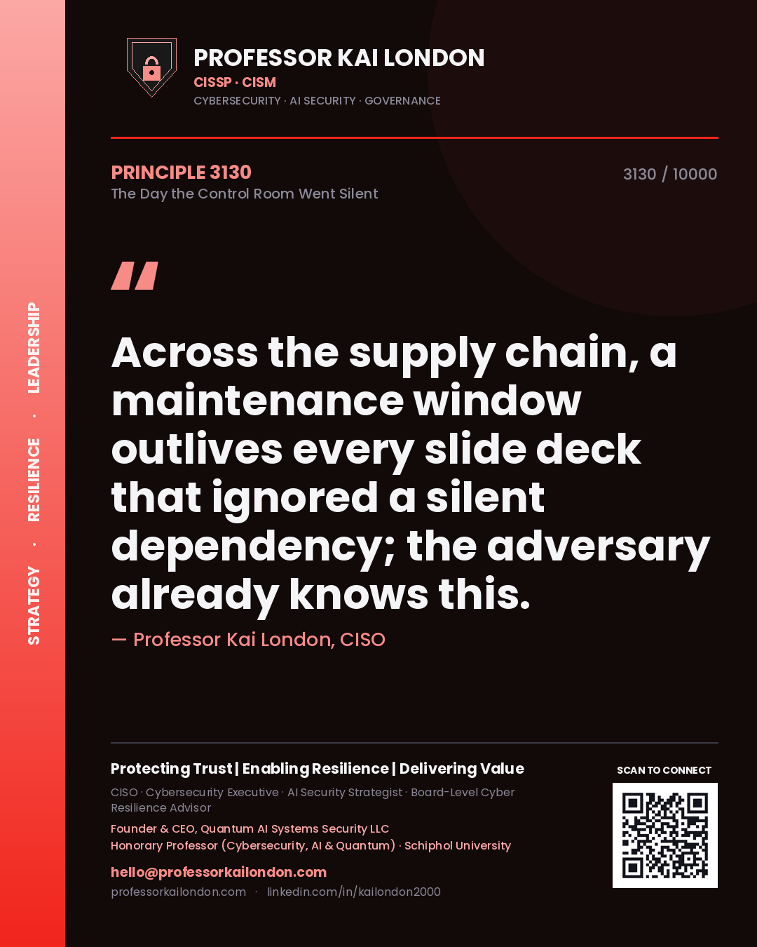 Professor Kai London principle 3130: Across the supply chain, a maintenance window outlives every slide deck that ignored a silent dependency; the adversary already knows this.