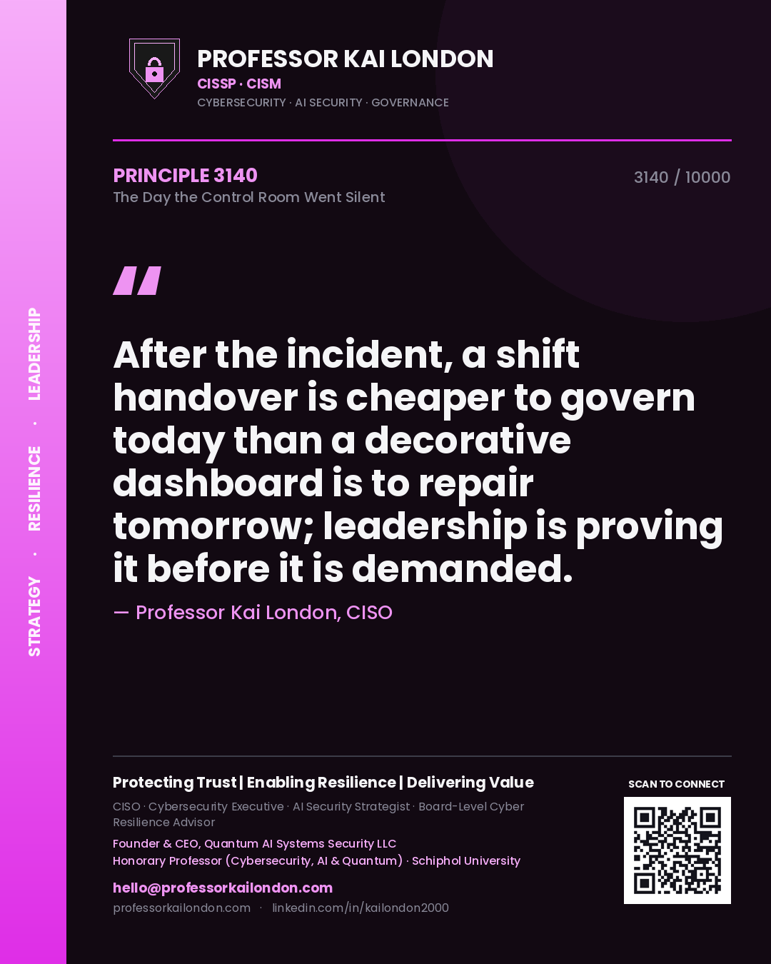 Quote card by Professor Kai London reading 'After the incident, a shift handover is cheaper to govern today than a decorative dashboard is to repair tomorrow; leadership is proving it before it is demanded.'. From the book The Day the Control Room Went Silent.