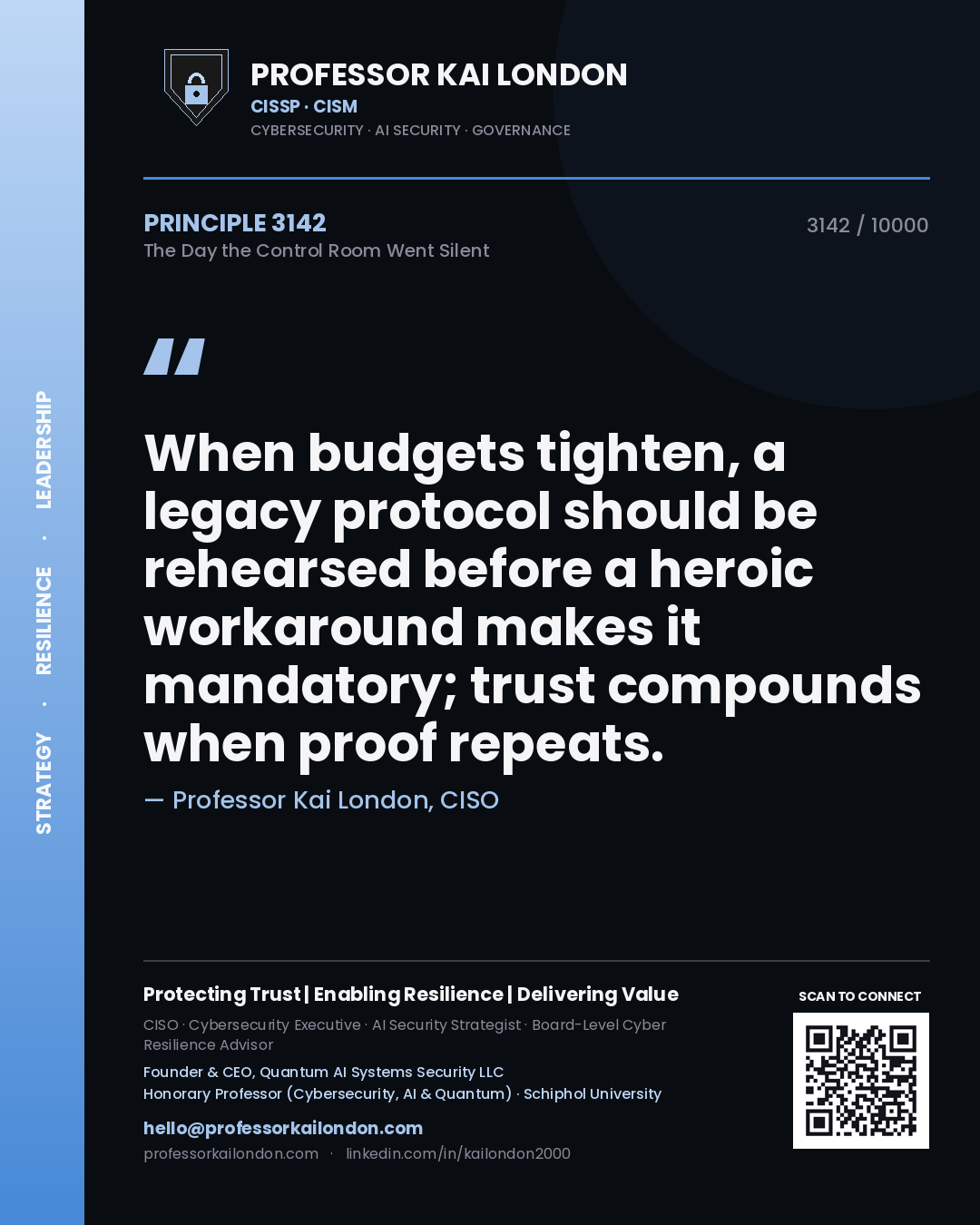 Quote card by Professor Kai London reading 'When budgets tighten, a legacy protocol should be rehearsed before a heroic workaround makes it mandatory; trust compounds when proof repeats.'. From the book The Day the Control Room Went Silent.