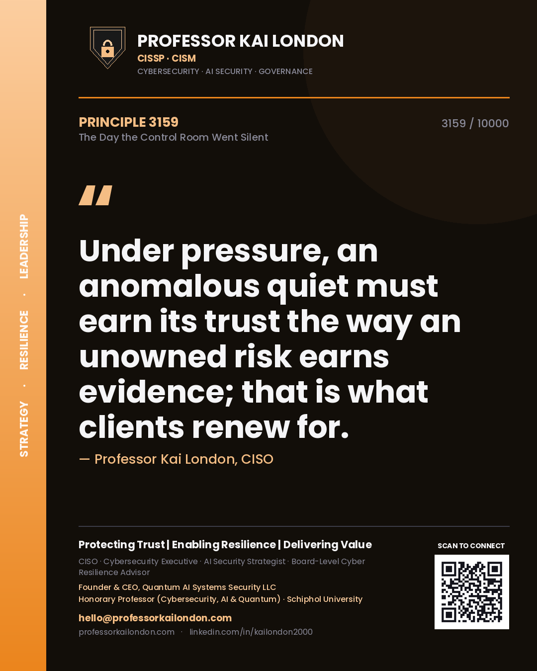 Professor Kai London principle 3159: Under pressure, an anomalous quiet must earn its trust the way an unowned risk earns evidence; that is what clients renew for.